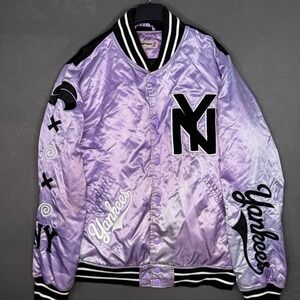 Purple Satin Yankees Varsity Jacket XL Embroidered NY Logo SD‎ Sport Streetwear